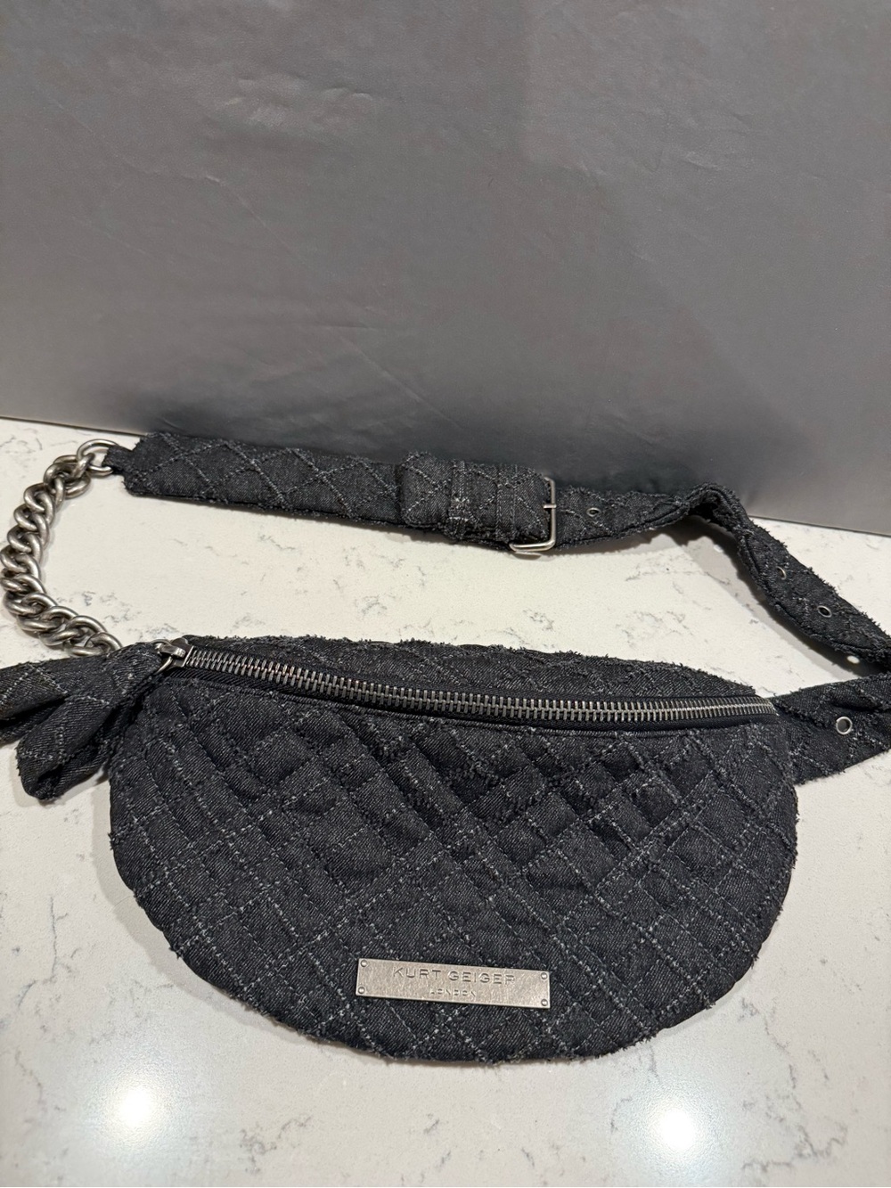 Kurt Geiger Black Quilted Mini Belt Bag with Chain Strap